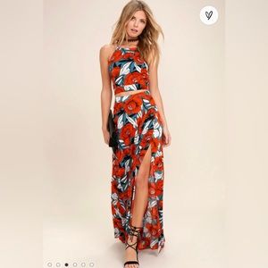 Lulu’s Back to Your Roots Red Floral Print Two-Piece Maxi Dress